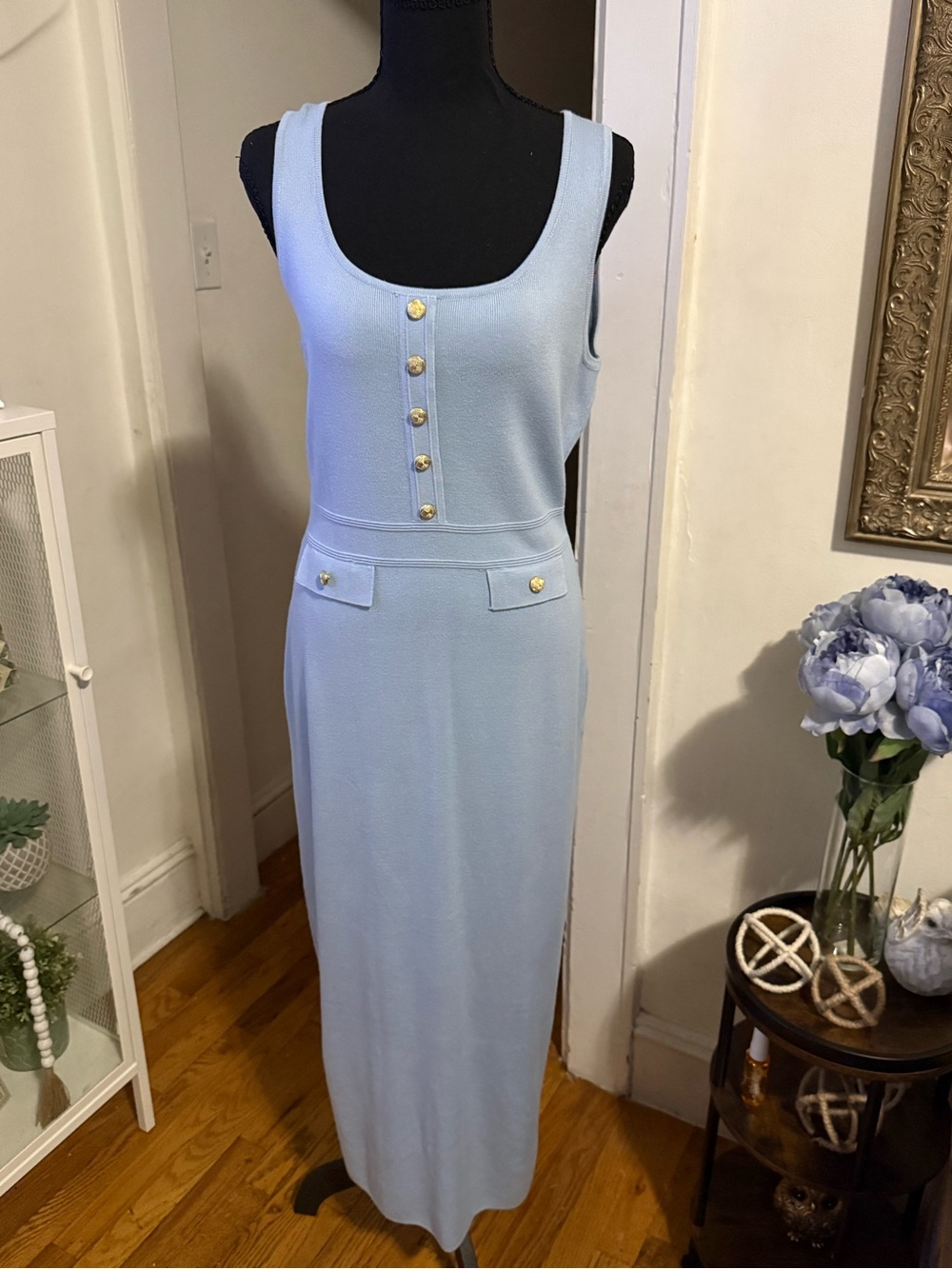 Light Blue Sleeveless Tank Midi Dress with Gold Buttons
